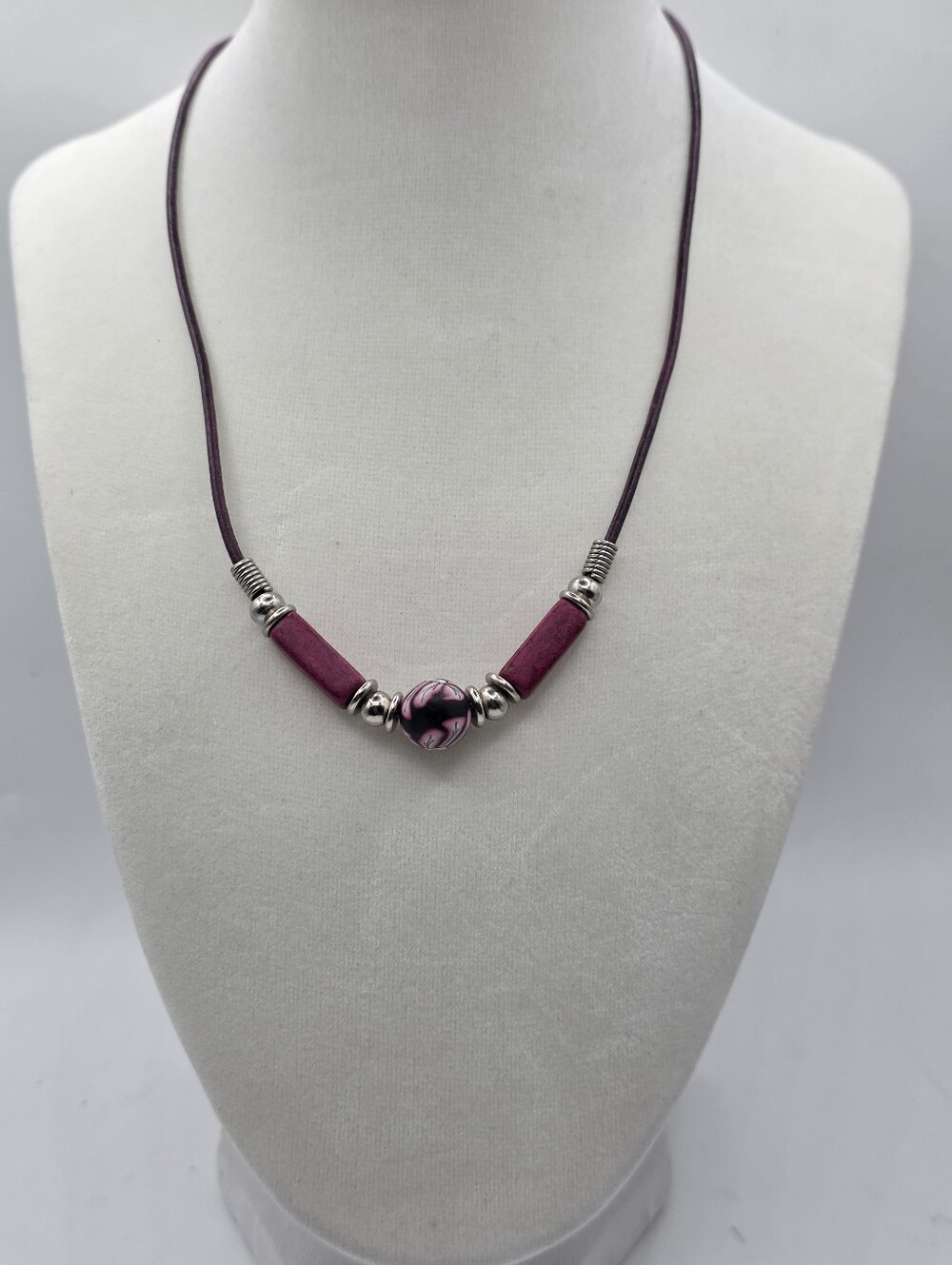 Vintage 90s Floral Polymer Clay Ceramic Bead Leather Cord Necklace Pink Purple